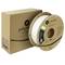 Bobine de filament blanc et boîte en carton marron de la marque 'Polymaker', destinée à l'impression 3D, avec logo et informations produit sur l'emballage.
