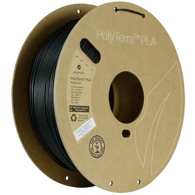 Une bobine de filament noir pour imprimante 3D en PolyTerra PLA de Polymaker. La bobine affiche le logo de la marque et le logo PLA.