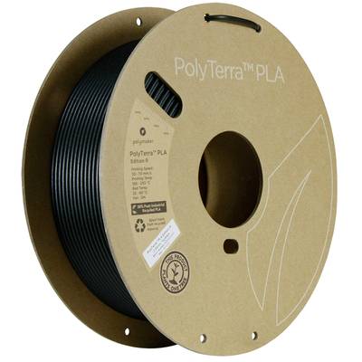 Bobine de filament PLA PolyTerra noir pour imprimante 3D. Emballage en carton avec symbole de recyclage et nom de marque.
