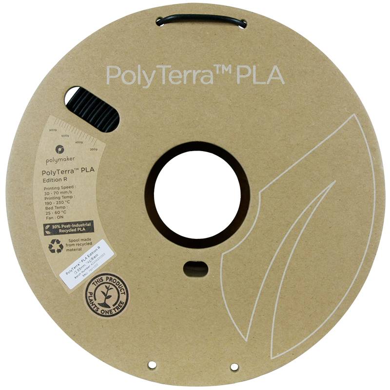 Une bobine de filament PolyTerra PLA à base de matériaux recyclés de Polymaker, de couleur beige, avec un motif de feuille et une indication de produit sur la durabilité.