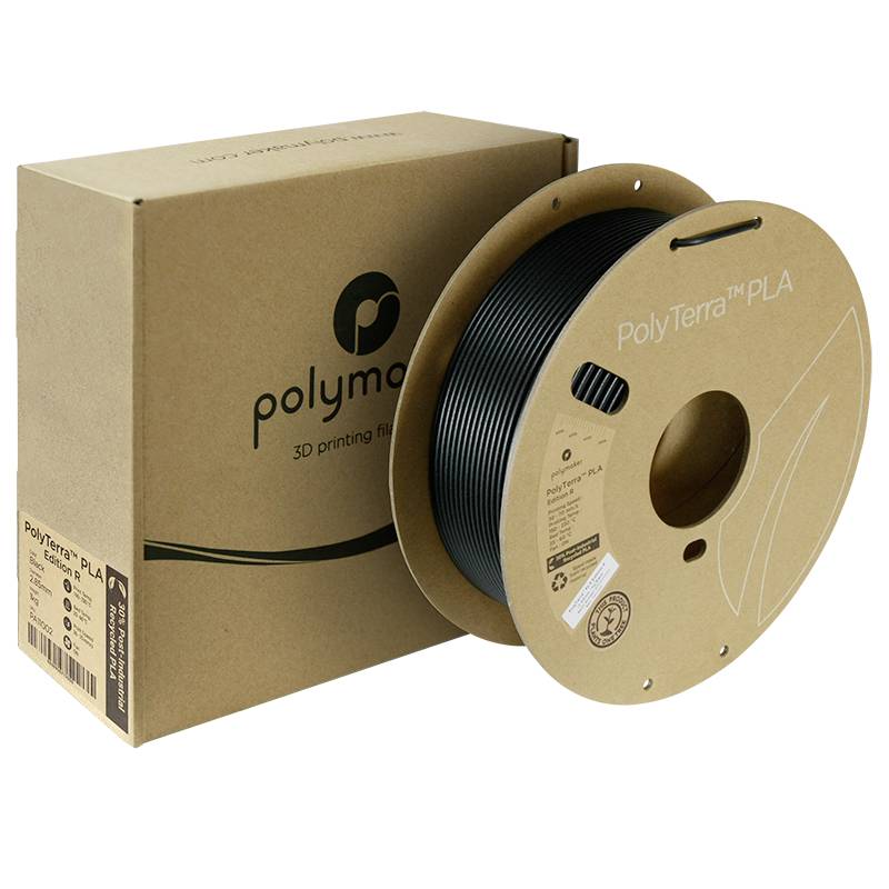 L'image montre un bobineau de filament PolyTerra PLA pour imprimantes 3D, à côté de son emballage. Adapté pour une impression 3D respectueuse de l'environnement.