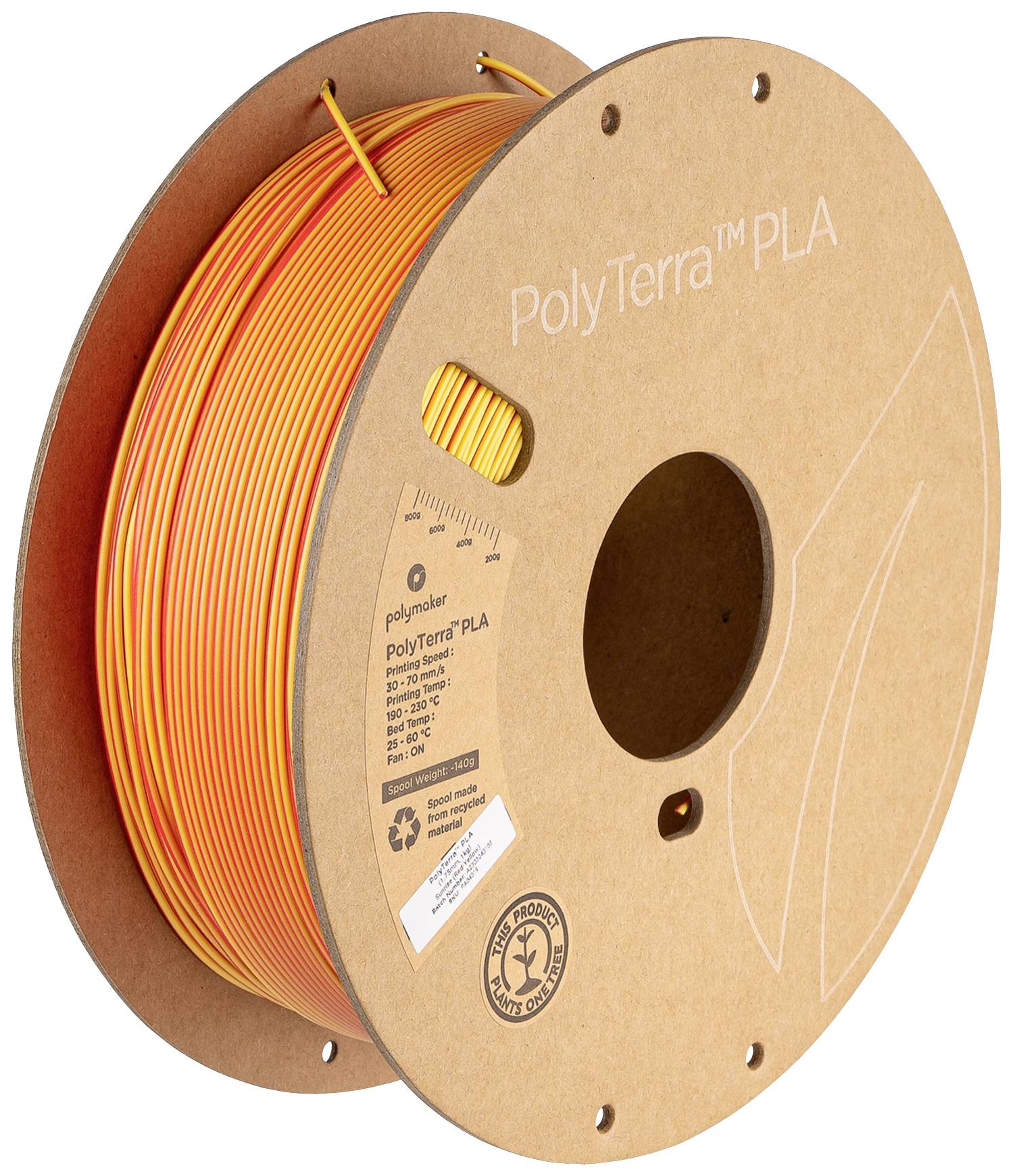 Un rouleau de filament PLA PolyTerra de couleur orange pour imprimante 3D, monté sur un noyau de bobine en carton, avec des détails sur l'emballage recyclable.