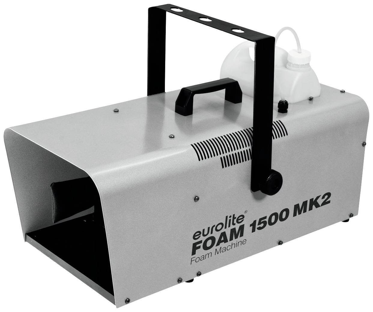 Machine à mousse argentée avec poignée et support noirs, portant l'inscription 'eurolite FOAM 1500 MK2'. Une bouteille de liquide blanche est incluse.
