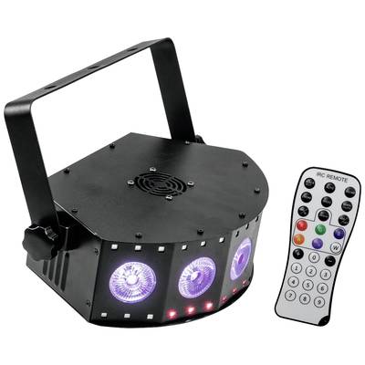 'Un dispositif d'effet lumineux à LED avec trois LED violettes et une télécommande aux touches colorées, adapté pour l'éclairage de fête.'
