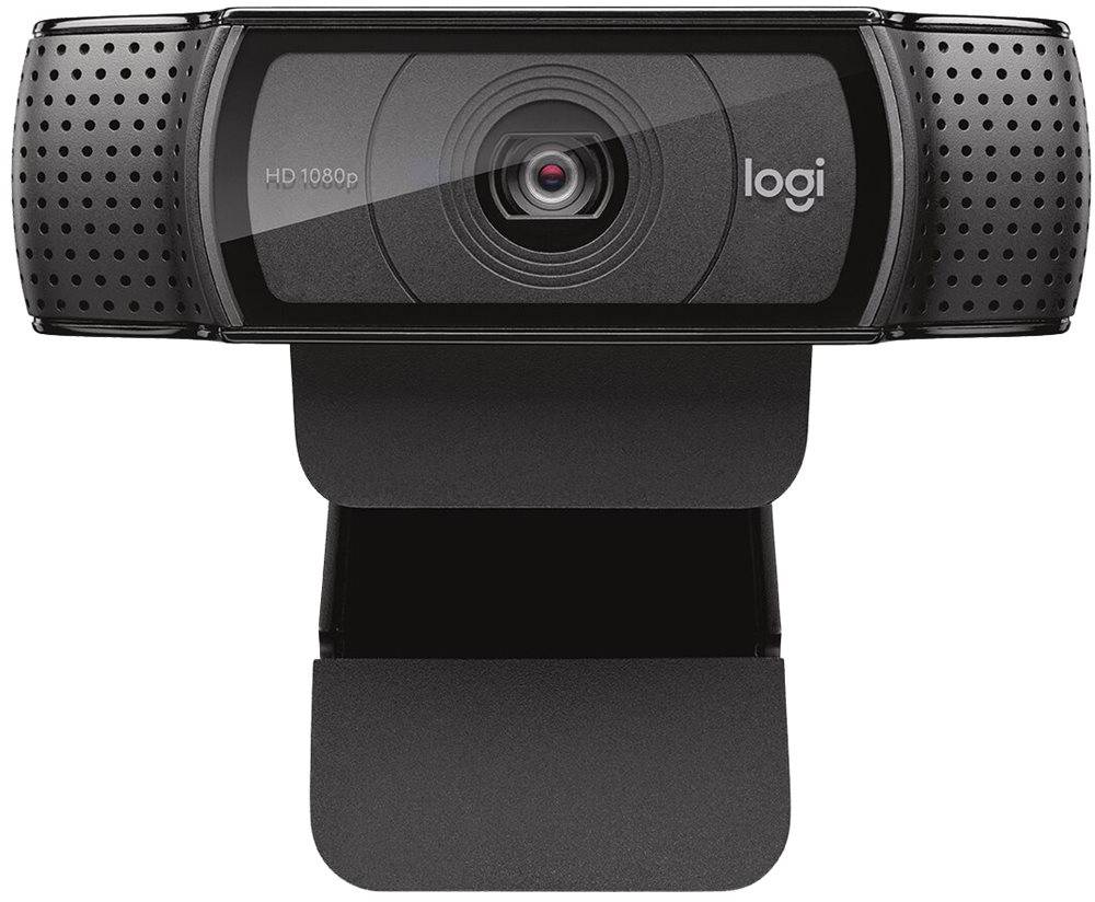 Webcam HD noire avec objectif central et microphone intégré, adaptée aux appels vidéo en haute définition.