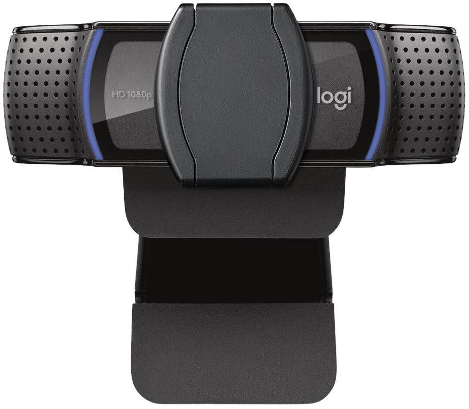 Webcam vue de dessus : design rectangulaire noir ; logo de marque 'logi' visible ; adaptée pour des enregistrements HD (1080p).