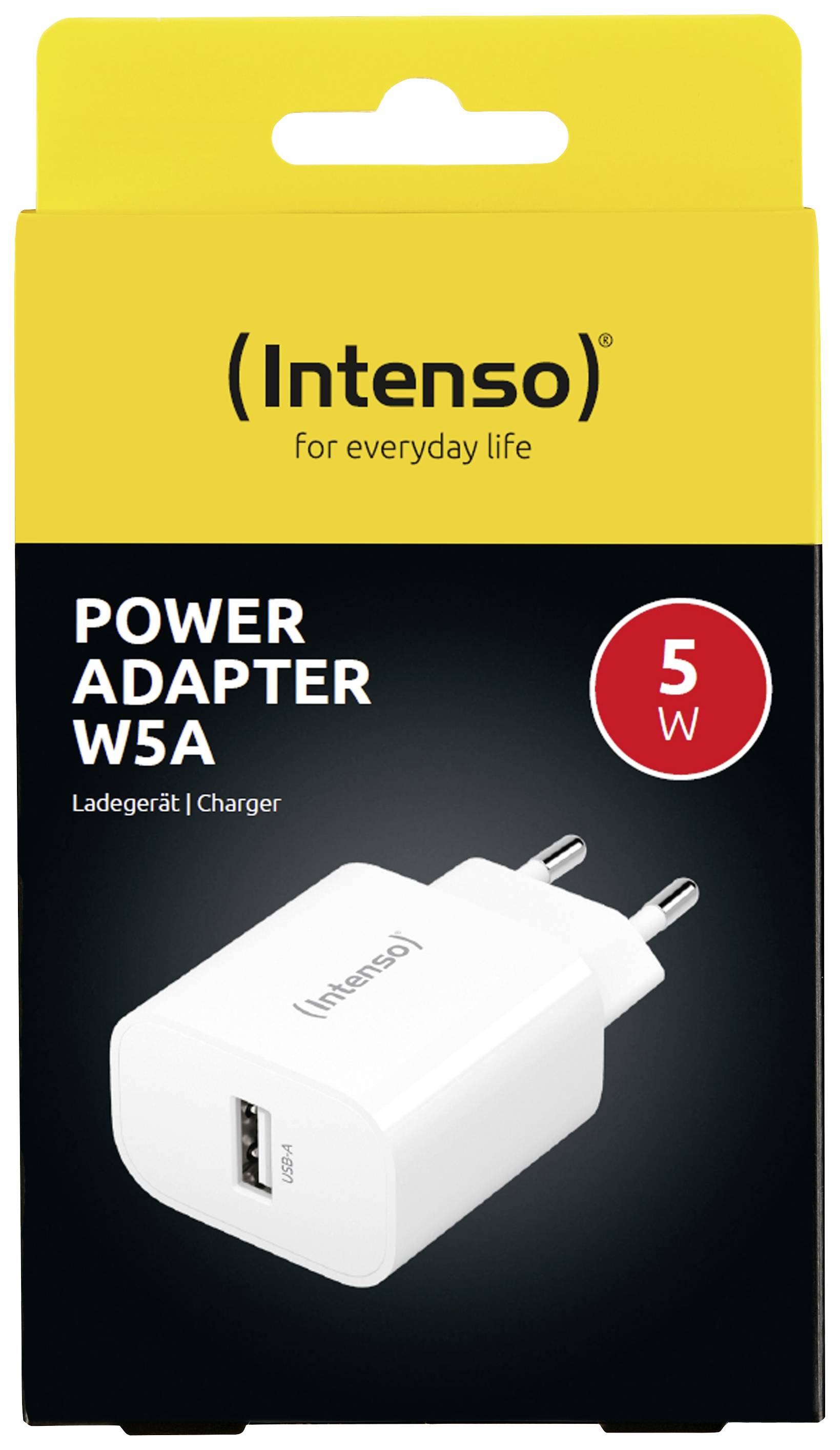 Emballage de l'adaptateur secteur 'Intenso Power Adapter W5A' représentant un chargeur USB de 5 watts. Boîte jaune et noire avec des informations sur le produit.