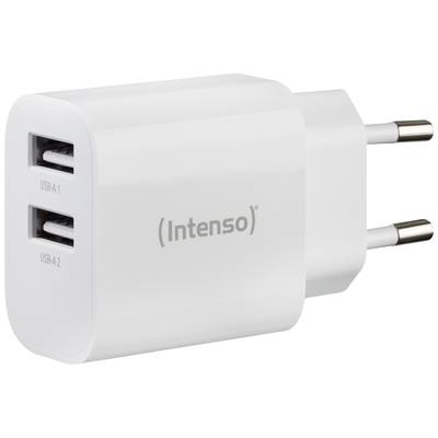 Un chargeur USB blanc avec deux ports USB-A. Le dispositif porte l'inscription 'Intenso'. La fiche est une prise secteur standard européenne.