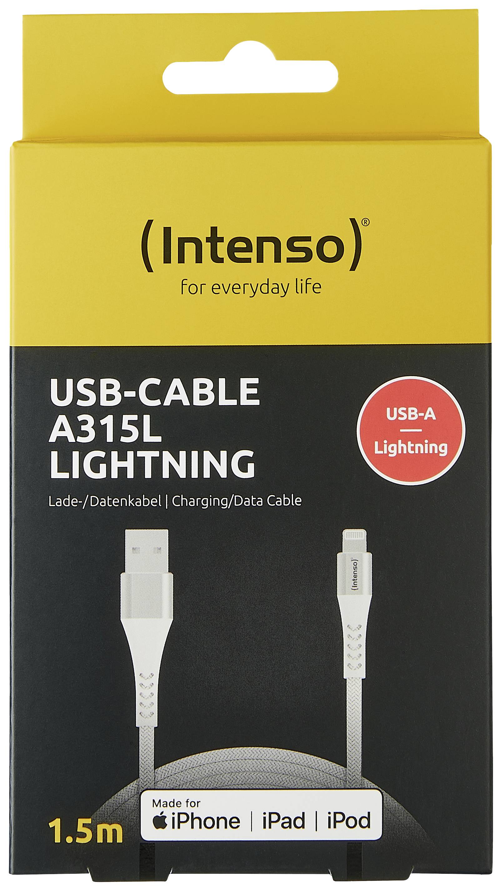 Câble USB 'Intenso' A315L Lightning, 1,5 m, compatible avec iPhone, iPad, iPod. L'emballage présente une image du câble avec connecteurs USB-A et Lightning.