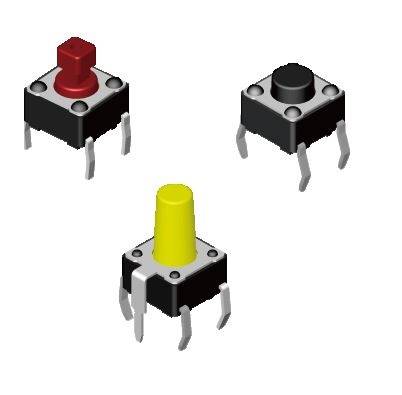 Trois boutons de différentes couleurs sur une carte électronique, un rouge, un jaune et un noir. Chaque bouton possède quatre bornes à souder.