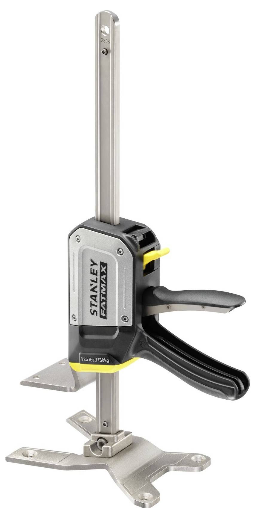 Une pince métallique avec poignée et levier jaune, montée sur un bâti robuste, adaptée aux travaux d'atelier ou de construction.