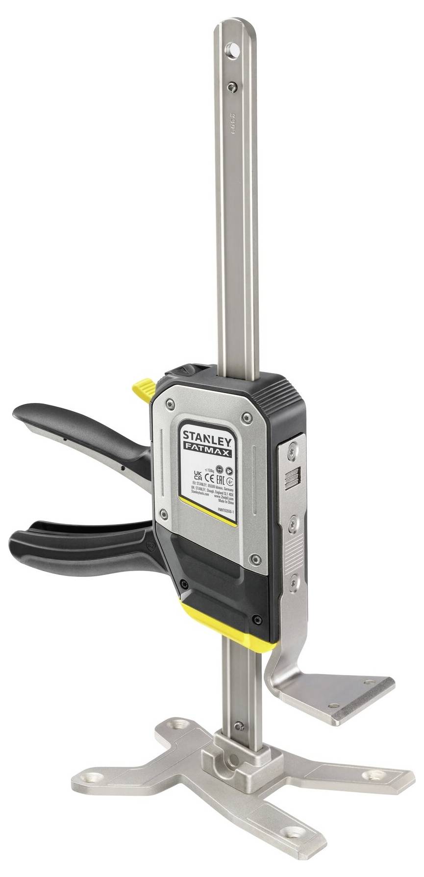 Un support d'outils ajustable avec une poignée noire et un accent de couleur jaune, adapté pour maintenir des appareils sur une rail verticale.