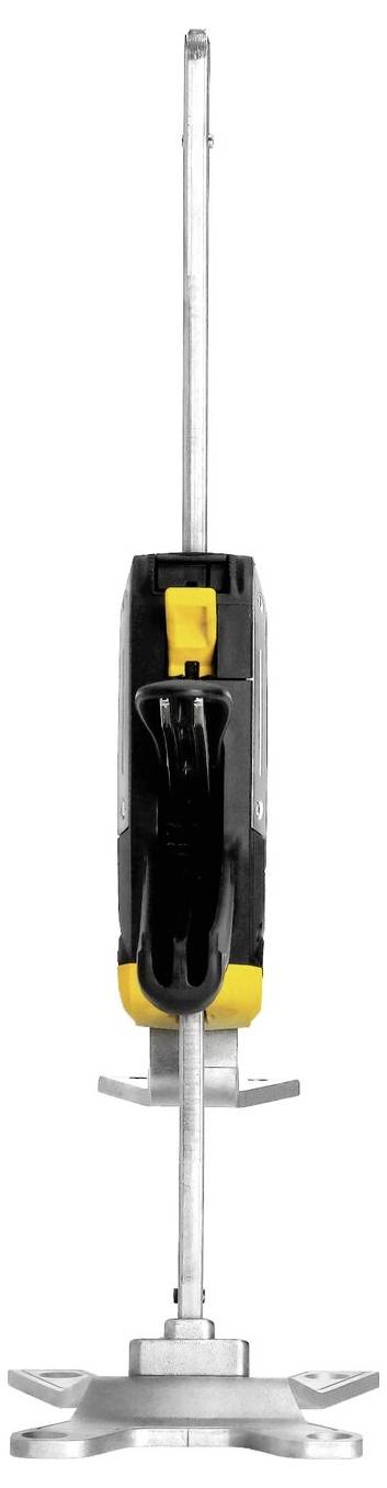 Outil de construction avec poignée jaune, longue tige métallique et base ronde. Outil utilisé pour le montage ou la fixation sur des surfaces.