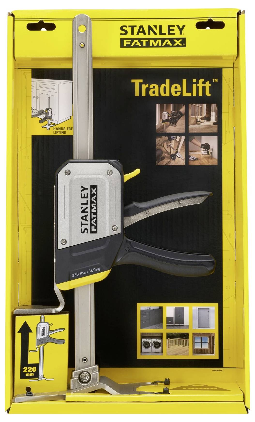Outil 'Stanley Fatmax TradeLift' dans son emballage. Adapté pour soulever et positionner des objets lourds jusqu'à 220 kg. Comprend des images d'exemples d'utilisation.