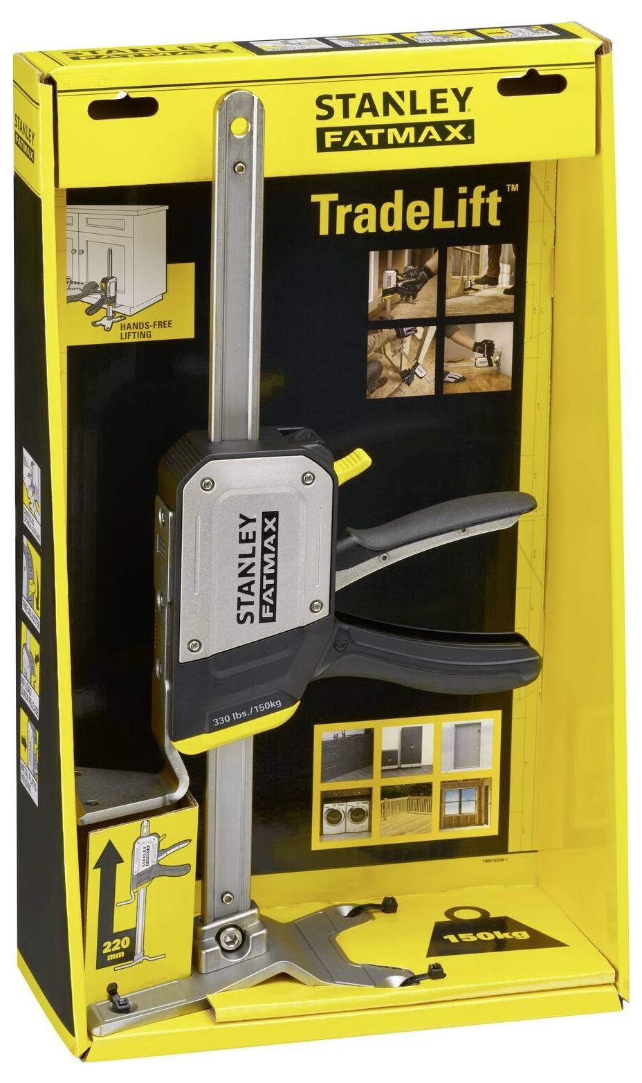 Emballage d'un serre-joint 'Stanley Fatmax TradeLift'. Présente des illustrations du produit, les possibilités d'utilisation et met en valeur sa capacité de charge de 120 kg.