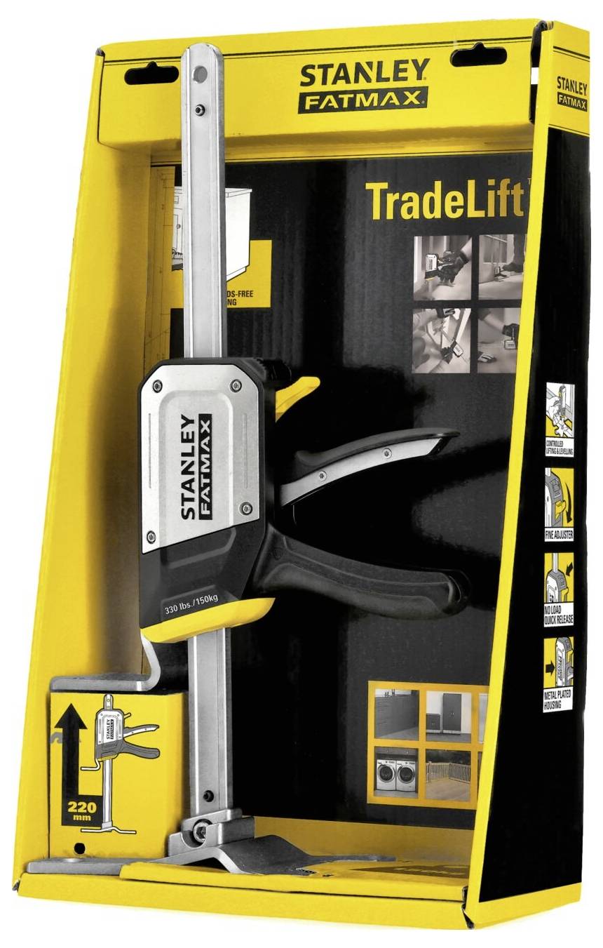L'emballage du 'Stanley Fatmax TradeLift' présente une pince manuelle avec un levier de commande et une capacité de charge de 220 kg. Le design et les détails du produit sont mis en valeur.