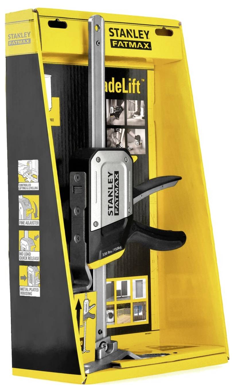 Emballage d'un Stanley Fatmax LadeLift avec image et instructions textuelles. Présente le mode de fonctionnement et les possibilités d'utilisation de l'outil.