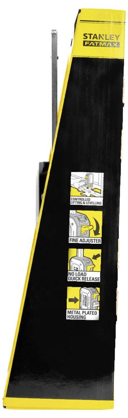 Vue haute sur une boîte Stanley Fatmax. La boîte affiche des instructions de sécurité et d'utilisation ainsi qu'un design jaune et noir.
