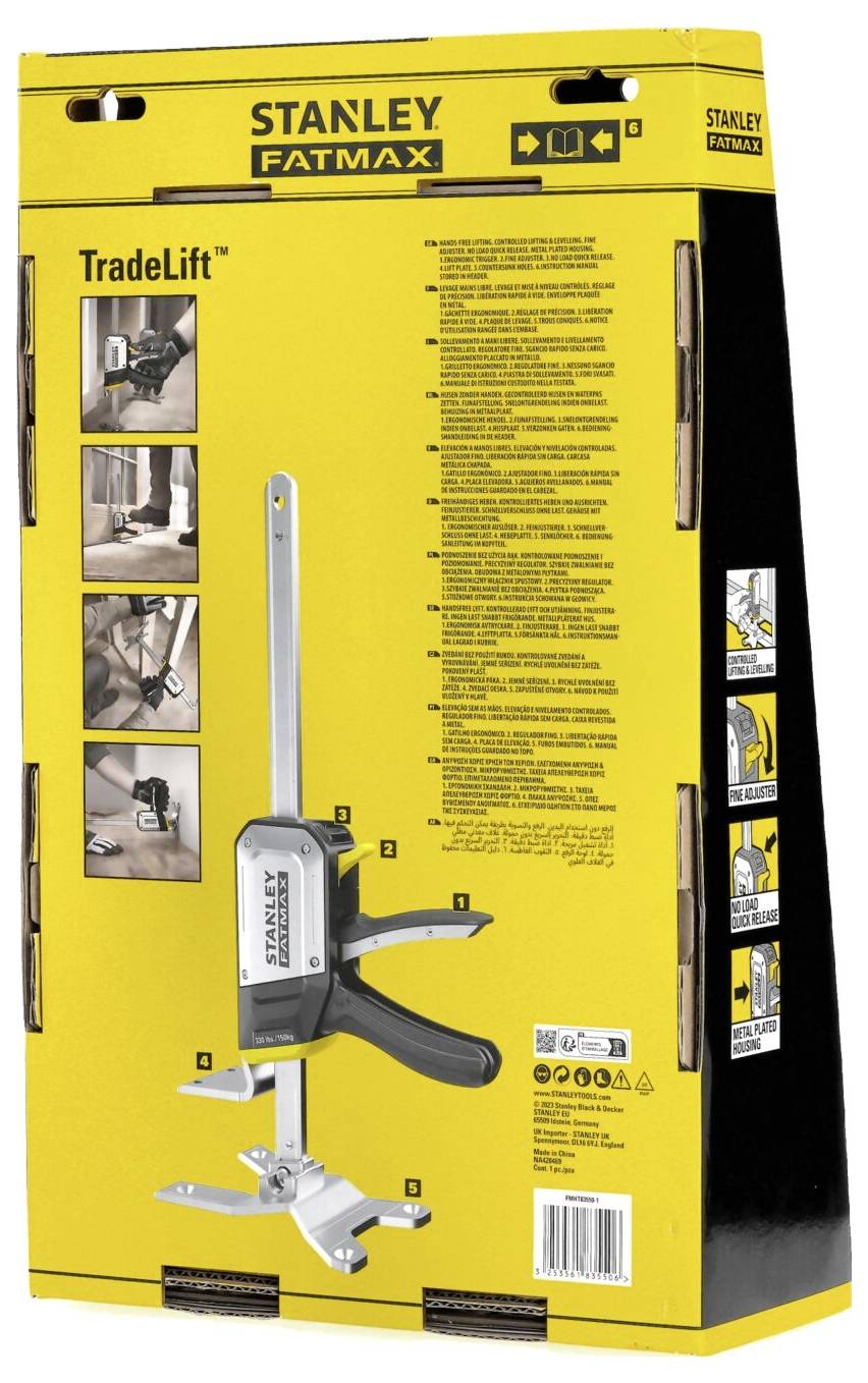 Emballage d'un outil 'Stanley Fatmax TradeLift' avec illustration du produit et exemples d'application ; informations techniques détaillées listées.