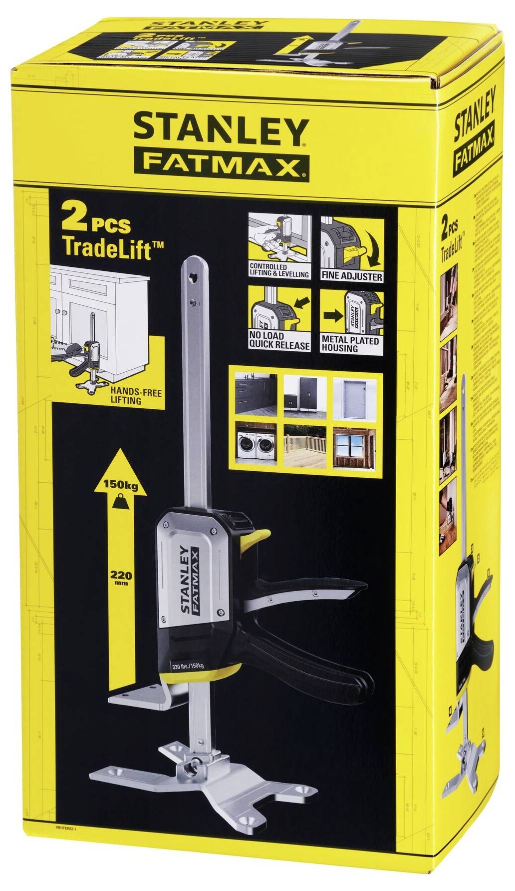 Un emballage jaune pour le set de 2 TradeLift 'Stanley Fatmax'. Illustre les applications : montage de porte, installation de fenêtre, construction de meubles. Supporte jusqu'à 150 kg.