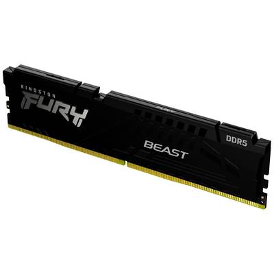 Une carte mémoire RAM DDR5 Kingston FURY Beast, noire avec des connecteurs dorés, sur fond blanc.