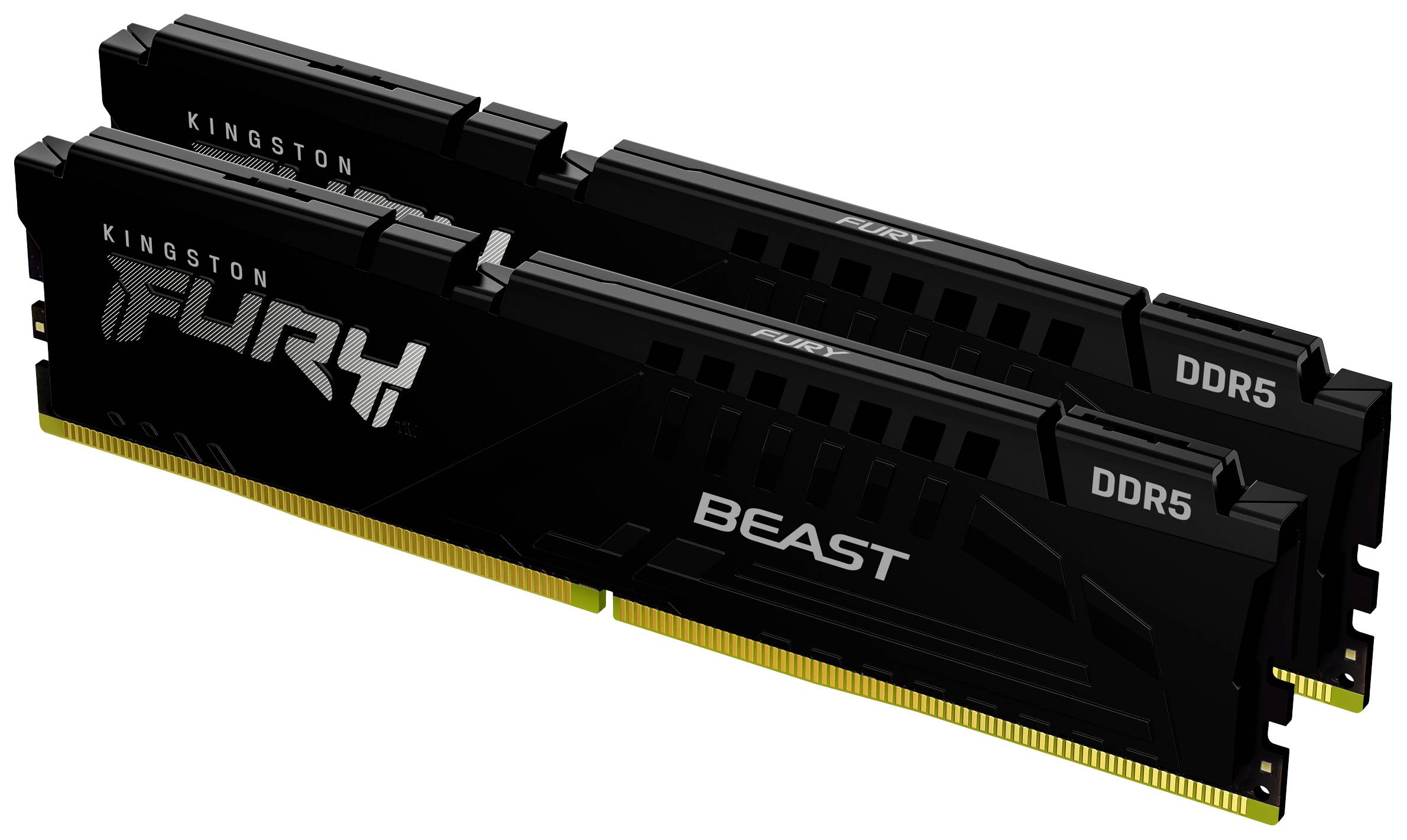 Deux modules de RAM noirs Kingston portant l'inscription 'Fury Beast', de type DDR5, empilés sur le côté.