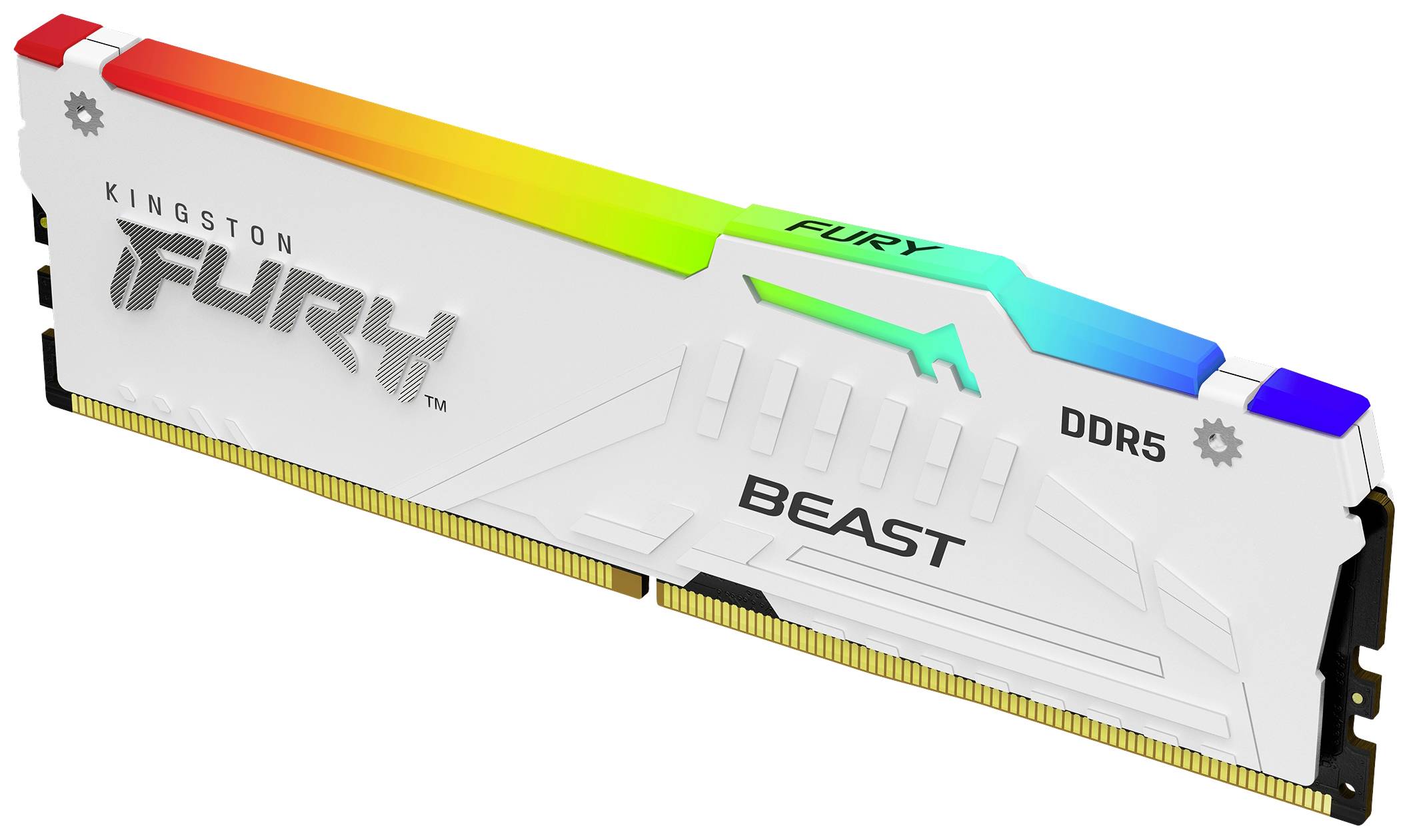 Module de mémoire DDR5 avec dissipateur thermique blanc et éclairage RVB, marque 'Kingston FURY Beast'.