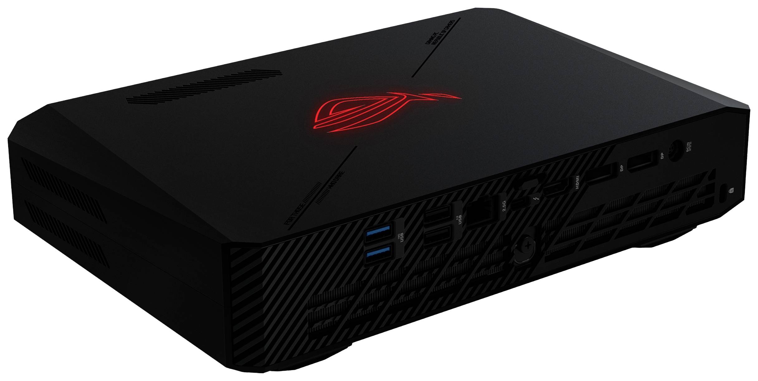 Un appareil de gaming noir avec un logo rouge lumineux sur le dessus, plusieurs ports à l'avant et un design élégant.