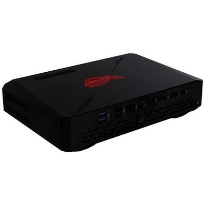 Un appareil de gaming noir avec un logo rouge lumineux sur le dessus, plusieurs ports à l'avant et un design élégant.