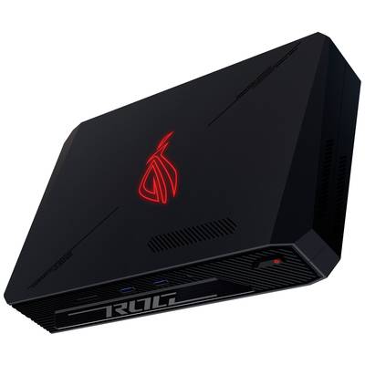 Un ordinateur portable de gaming noir avec un logo lumineux rouge sur le couvercle. Des fentes de ventilation et des ports USB sont visibles.