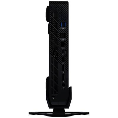 Un mini-PC noir, vertical, doté de plusieurs ports et de fentes de ventilation, monté sur un socle stable.