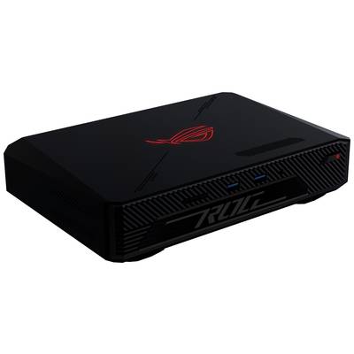 Un PC de gaming ROG noir avec un logo rouge sur le dessus. La façade dispose de ports USB et de grilles de ventilation pour le refroidissement.