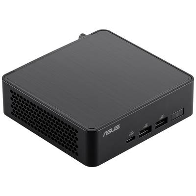 Un mini-PC noir avec le logo ASUS, doté de plusieurs ports USB à l'avant et de fentes de ventilation sur le côté, est posé sur une surface blanche.