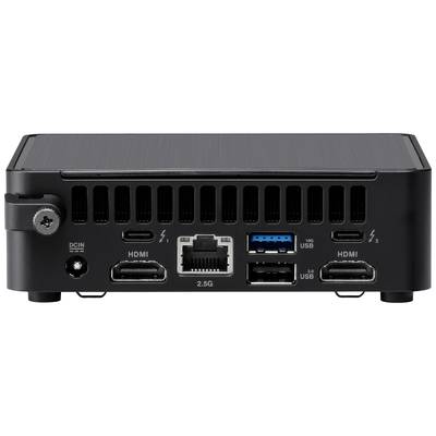 Un mini PC noir avec différents ports : deux HDMI, un Ethernet, deux USB, deux Thunderbolt, et une prise d'alimentation.