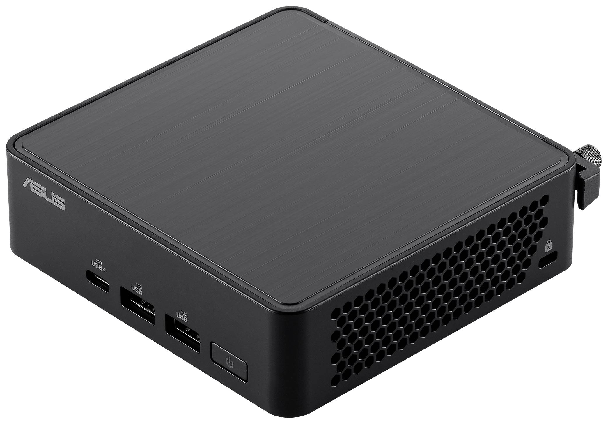 Un petit ordinateur noir avec le logo ASUS, plusieurs ports USB à l'avant et des grilles de ventilation sur le côté.