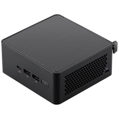 Un mini-PC compact noir avec plusieurs ports USB sur le côté. Le boîtier présente un aspect métallique brossé.