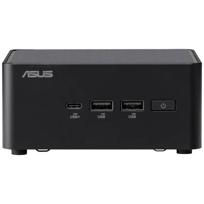 Un mini-PC noir et rectangulaire d'ASUS avec trois ports USB et un interrupteur marche/arrêt sur la façade avant.