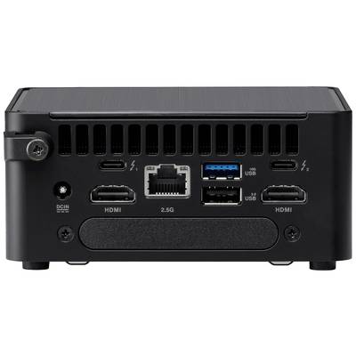 Vue arrière d'un mini-PC noir avec différents ports : deux ports HDMI, Ethernet, connecteur d'alimentation, quatre ports USB et deux ports Thunderbolt.