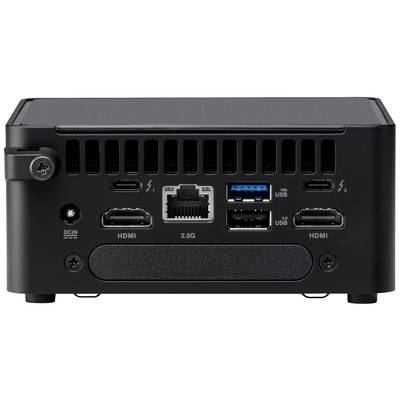 Vue avant d'un mini-PC noir avec les ports suivants : deux HDMI, USB, Thunderbolt, Ethernet et alimentation électrique.