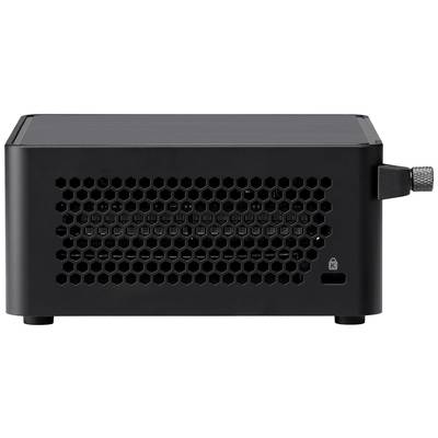 Un appareil électronique noir avec une grille d'aération sur le côté. Un petit bouton est fixé en haut à droite.