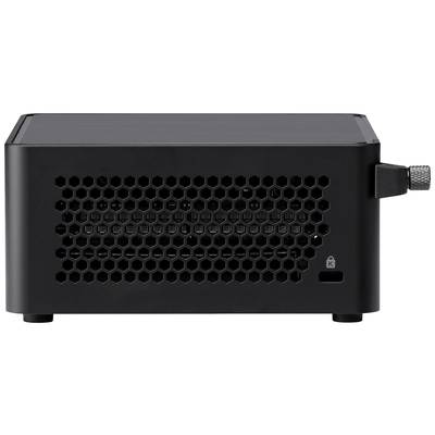 Appareil électronique noir avec une grille d'aération en forme de nid d'abeille sur le côté et un port de connexion sur le côté droit.