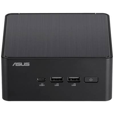 Un mini-PC noir avec le logo ASUS, deux ports USB, un port USB-C et un interrupteur marche/arrêt sur la façade avant.