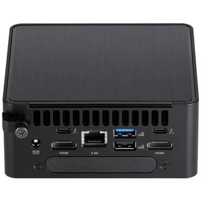 Un ordinateur compact doté de plusieurs ports : USB, HDMI, Ethernet et Thunderbolt. Vue arrière mettant l'accent sur les options de connectivité.