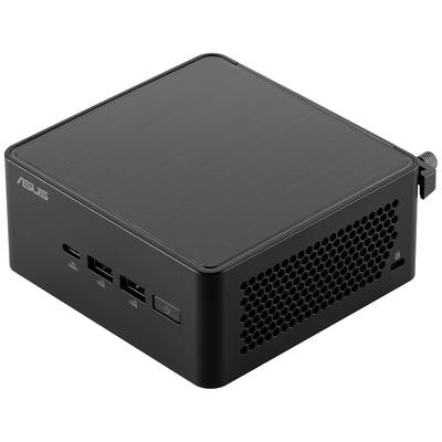 Un mini-PC noir et compact d'Asus avec plusieurs ports USB et des grilles de ventilation sur les côtés. Adapté pour un travail efficace.