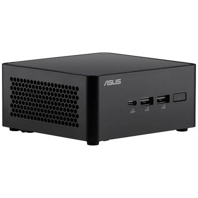 Un mini-PC noir et carré d'ASUS avec des grilles de ventilation sur les côtés et des ports USB à l'avant.