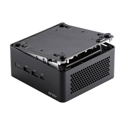 Petit mini-PC noir avec un couvercle amovible, les composants internes visibles, des ports USB à l'avant et une grille de ventilation sur le côté.