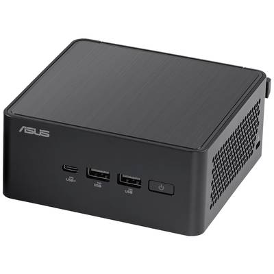 Un mini-PC compact noir d'Asus avec des ports USB et un bouton d'alimentation sur la façade avant.