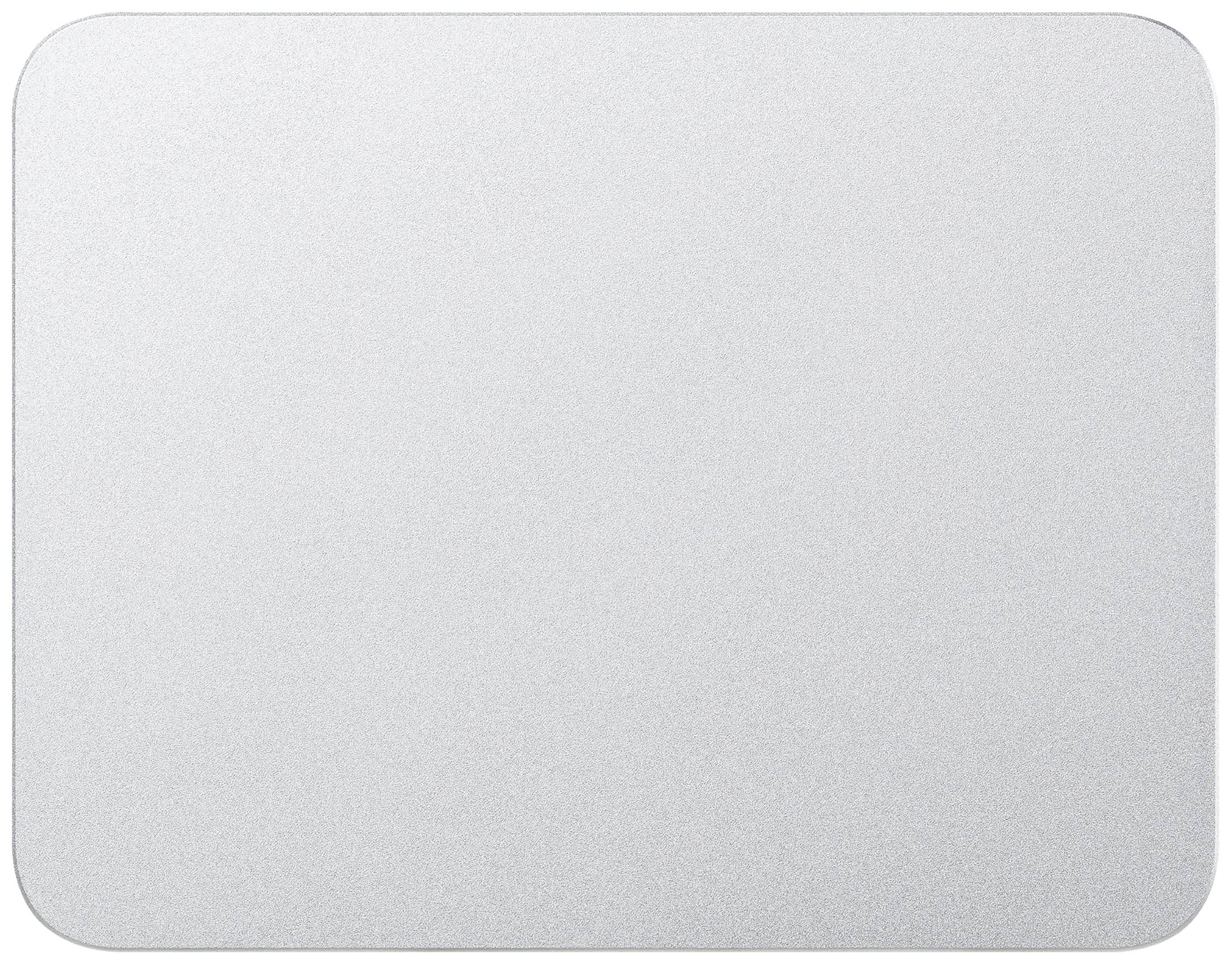 Une surface en argent rectangulaire avec des coins arrondis, ressemblant à un pavé tactile.