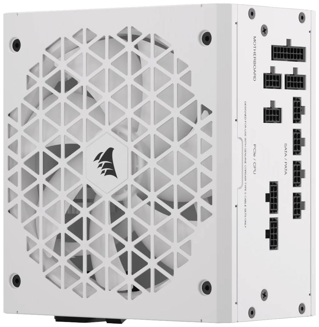 Bloc d'alimentation modulaire blanc pour PC, doté d'une grille de ventilation et de plusieurs connecteurs pour carte mère, processeur et périphériques SATA.