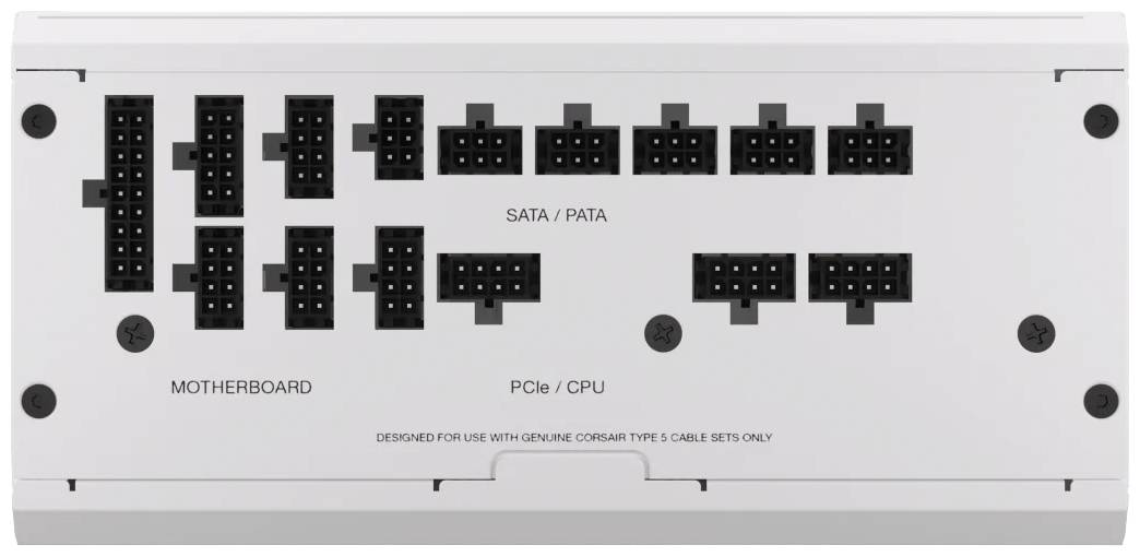 Arrière d'un bloc d'alimentation d'ordinateur avec différentes prises de connexion pour la carte mère, les câbles SATA/PATA et PCIe/CPU.